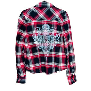 Cello Red Black White Plaid Button Down Women's Shirt Blingy Rhinestone Design L
